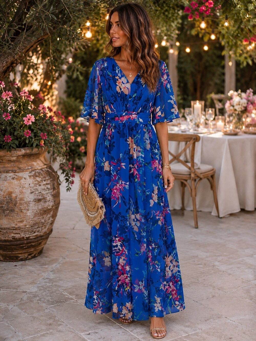 Adrianna Papell Blue Floral Chiffon Flutter Sleeve V-Neck Maxi Dress Size US 16W